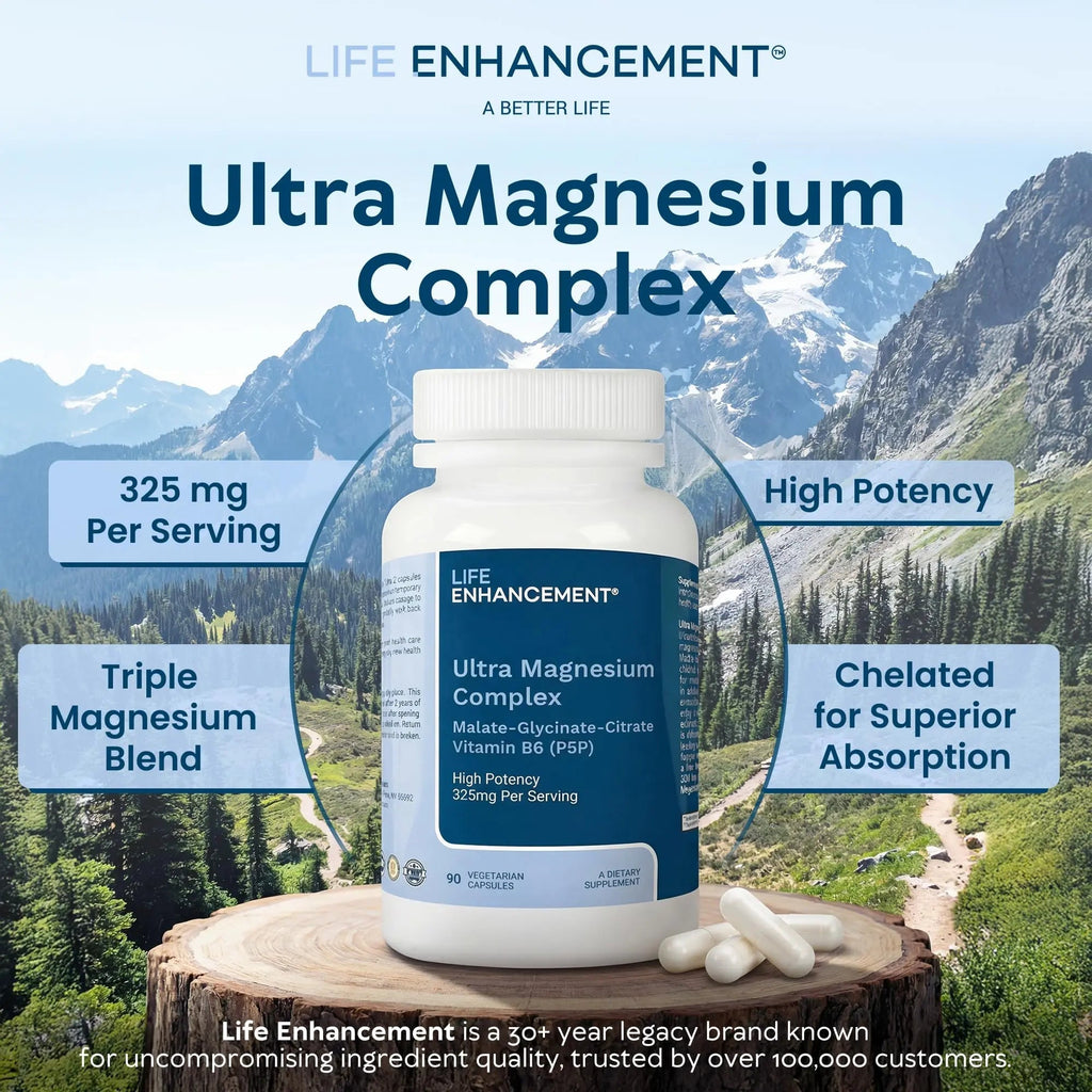 Life Enhancement Ultra Triple Magnesium Complex - 325 mg - with B6, Glycinate, Malate & Citrate - Magnesium Supplement Enhance Sleep and Brain Function - Made in USA (90 Vegetarian Capsules) - TrustMedUSA