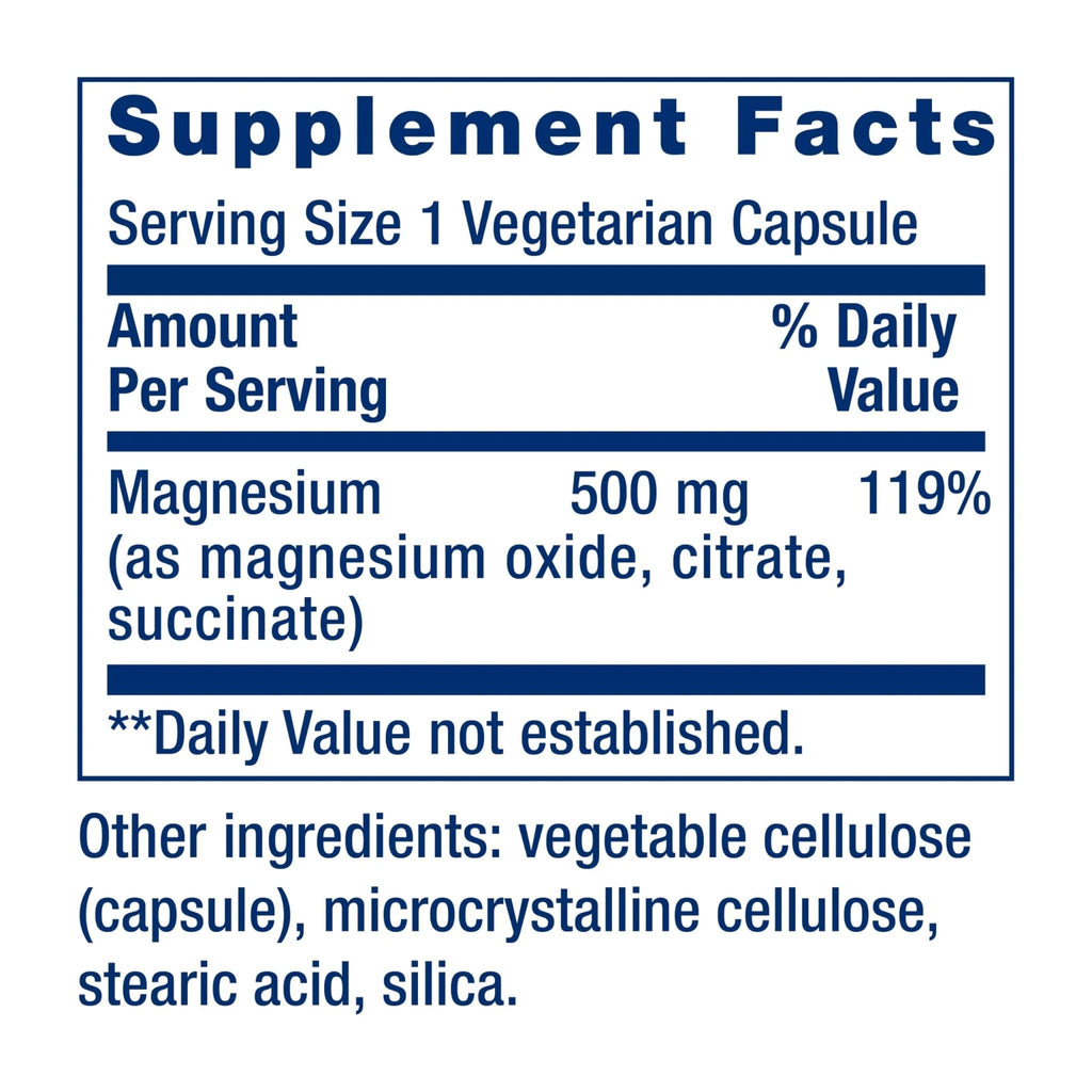 Life Extension Magnesium Caps, 500 mg, Magnesium Oxide, Citrate, and Succinate, Heart Health, Healthy Bones, Metabolism Support, 100 Vegetarian Capsules - TrustMedUSA