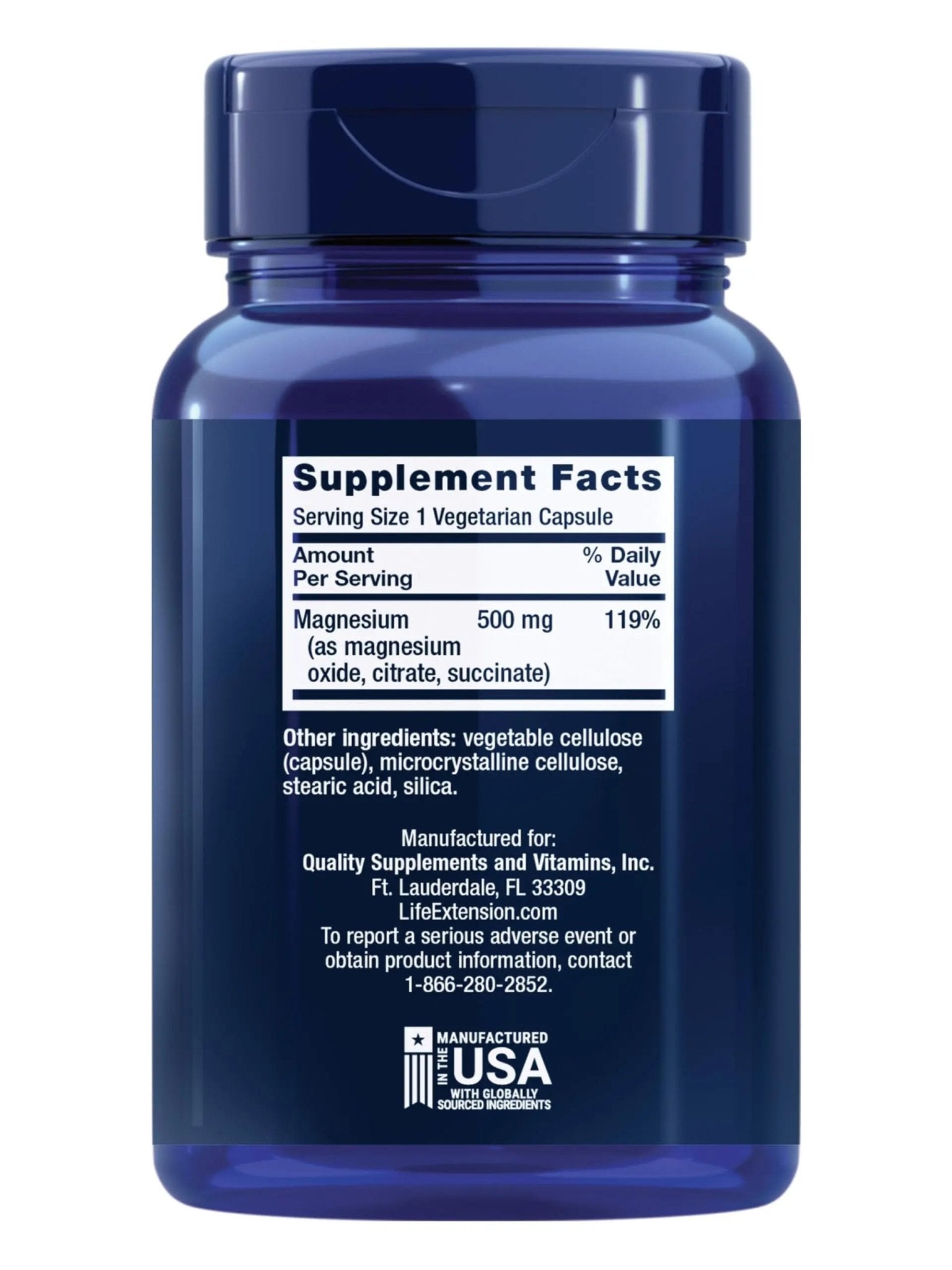 Life Extension Magnesium Caps, 500 mg, Magnesium Oxide, Citrate, and Succinate, Heart Health, Healthy Bones, Metabolism Support, 100 Vegetarian Capsules - TrustMedUSA