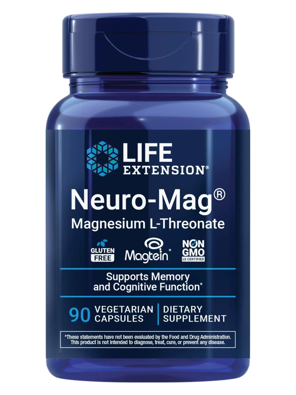 Life Extension Neuro-Mag Magnesium L-Threonate, Memory Health, Quick Thinking, Cognitive Health Support, Vegetarian, Non-GMO, 90 Vegetarian Capsules (144 mg from 2000 mg Magtein magnesium L-threonate - TrustMedUSA