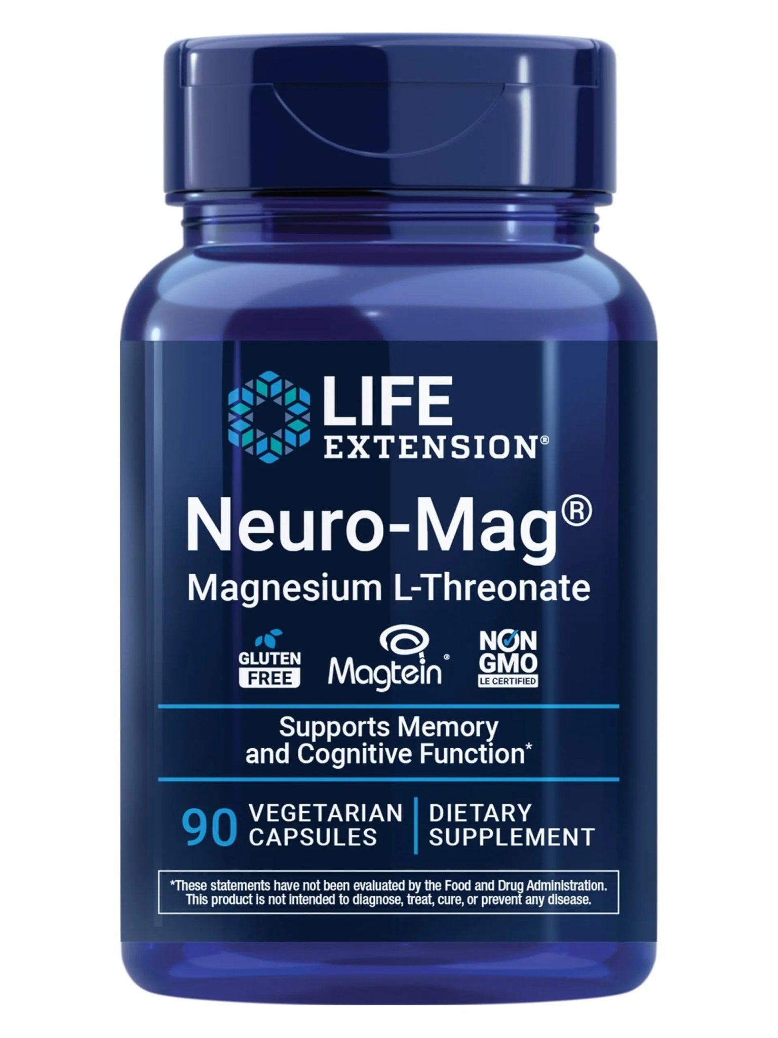 Life Extension Neuro-Mag Magnesium L-Threonate, Memory Health, Quick Thinking, Cognitive Health Support, Vegetarian, Non-GMO, 90 Vegetarian Capsules (144 mg from 2000 mg Magtein magnesium L-threonate - TrustMedUSA