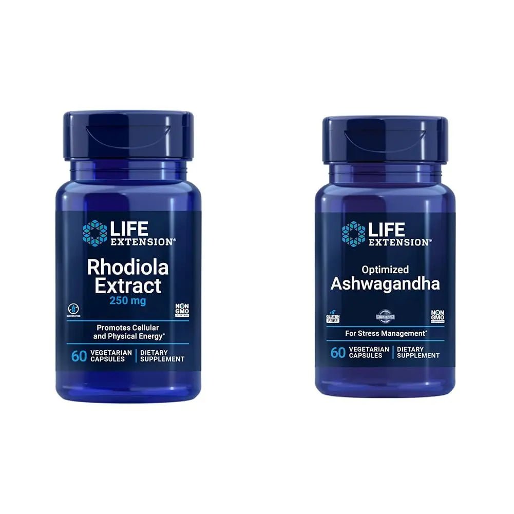 Life Extension Rhodiola and Ashwagandha Extract Bundle, Rhodiola rosea and ashwagandha Supplements, 60 Capsules Each - TrustMedUSA