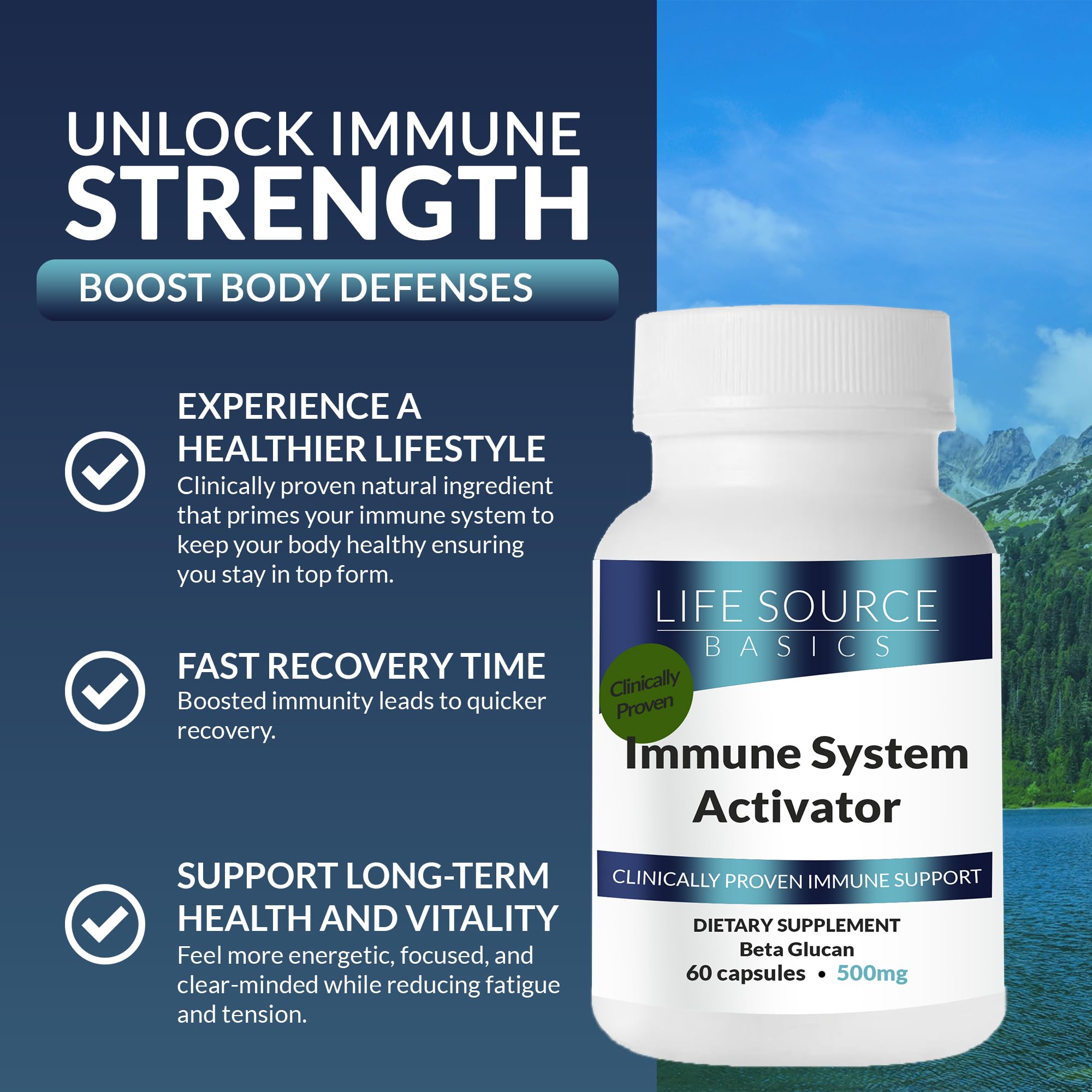Life Source Basics Immune System Support Activator - High Purity Beta 1,3/1,6 Glucan - Immunity and Vitamin Supplement Non-GMO & Vegan Friendly for Men & Women, Gluten-Free 500 mg - 60 Capsules - TrustMedUSA