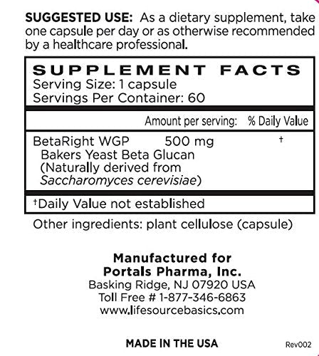 Life Source Basics Immune System Support Activator - High Purity Beta 1,3/1,6 Glucan - Immunity and Vitamin Supplement Non-GMO & Vegan Friendly for Men & Women, Gluten-Free 500 mg - 60 Capsules - TrustMedUSA