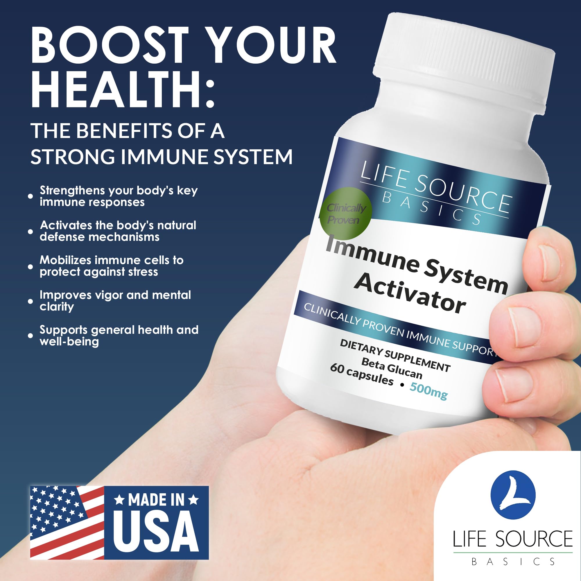 Life Source Basics Immune System Support Activator - High Purity Beta 1,3/1,6 Glucan - Immunity and Vitamin Supplement Non-GMO & Vegan Friendly for Men & Women, Gluten-Free 500 mg - 60 Capsules - TrustMedUSA