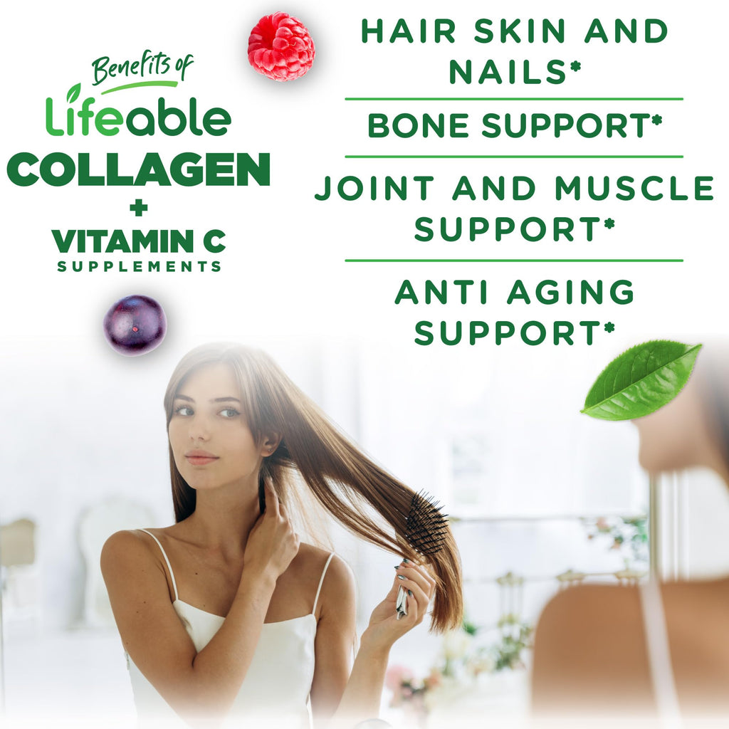Lifeable Collagen Peptides Gummies | 100mg with Vitamin C | Great Tasting Collagen Supplements | Vegetarian Hair Skin and Nails Gummies | Collagen Gummies for Adults, Men, Women | 90 Gummies - Maple Wellness Supplements
