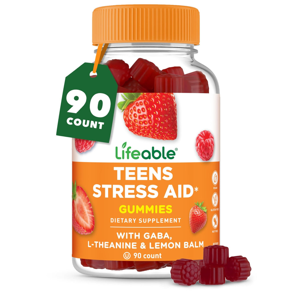 Lifeable Stress Aid Gummies for Teens | with Lemon Balm, GABA and L Theanine Supplements | Vegan Non GMO Mood Support Supplement | Great Tasing Stress Vitamins | L-Theanine for Teen | 90 Gummies - TrustMedUSA