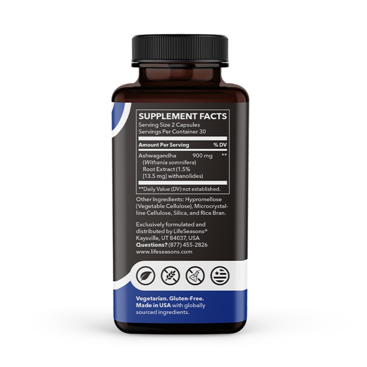 LifeSeasons Essentials Ashwagandha - Stress & Sleep Support Supplement - Calm & Focused Mind - Improves Athletic Performance & Brain Function - 900mg per 2 Capsules - 60 Capsules - TrustMedUSA