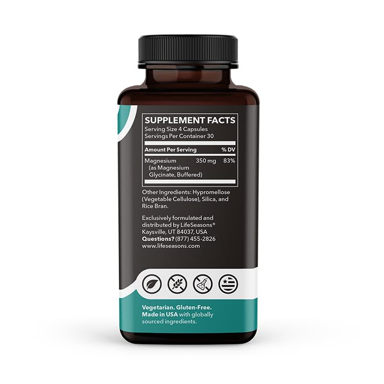 LifeSeasons Magnesium Glycinate 350 mg – Highly Absorbable Magnesium Supplement for Sleep Support, Calm Mood & Muscle Relaxation – Vegan, Gluten‑Free, 120 Vegetarian Capsules - TrustMedUSA