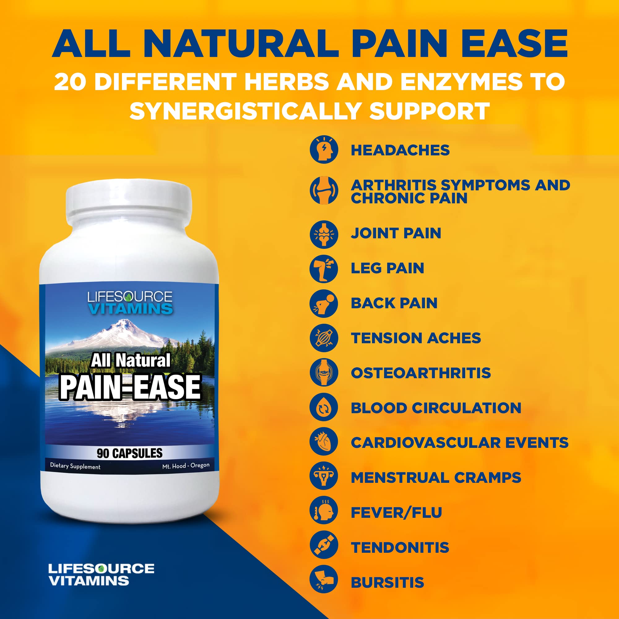 LifeSource Vitamins All Natural Pain Ease – 20 Synergistic Herbs and Enzymes That Naturally & Safely Support: Headaches & Migraines - Knees – Shoulders – Joints – Leg Pain – Tension - TrustMedUSA