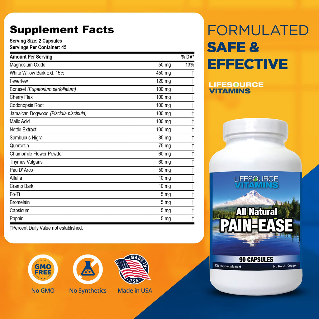 LifeSource Vitamins All Natural Pain Ease – 20 Synergistic Herbs and Enzymes That Naturally & Safely Support: Headaches & Migraines - Knees – Shoulders – Joints – Leg Pain – Tension - TrustMedUSA