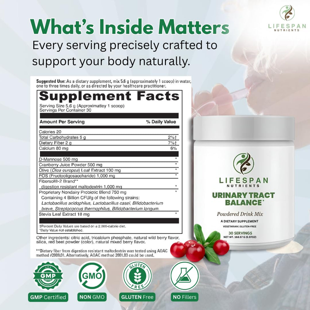 LifeSpan Nutrients D Mannose with Cranberry and Probiotics Powder Supports Urinary Tract and Bladder Health Easy Mix Drink Vegan Gluten Free 30 Servings - TrustMedUSA