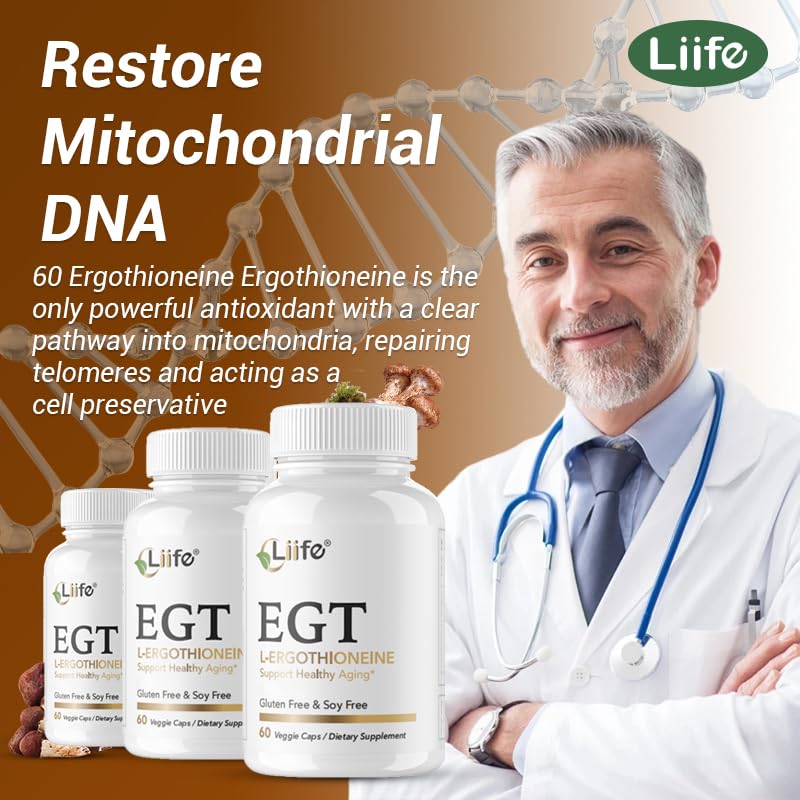 LIIFE L-Ergothioneine Supplement (EGT) 30mg,Compound Antioxidant Supplement (May Support Longevity and Healthy Aging) Promotes Skin Health，60 Capsules，Non-GMO, Gluten Free, Vegan Safe - TrustMedUSA