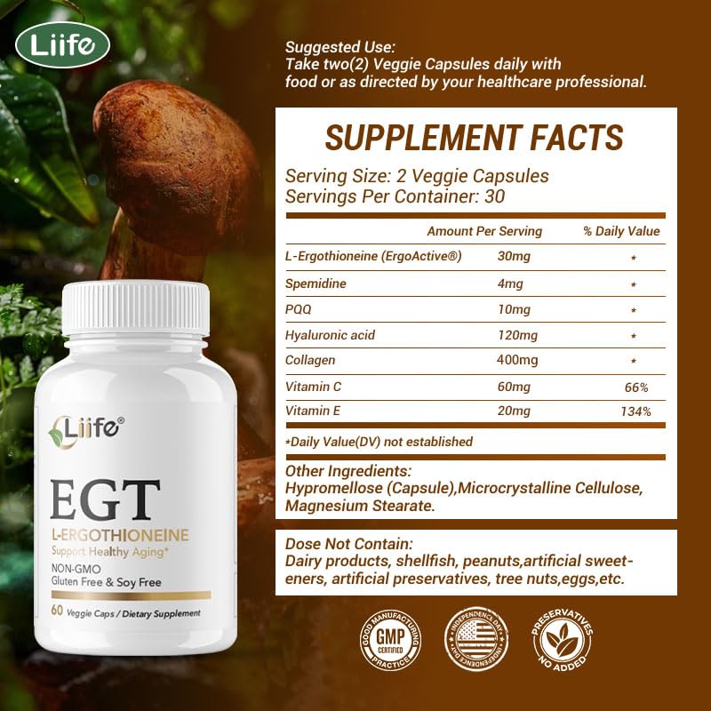 LIIFE L-Ergothioneine Supplement (EGT) 30mg,Compound Antioxidant Supplement (May Support Longevity and Healthy Aging) Promotes Skin Health，60 Capsules，Non-GMO, Gluten Free, Vegan Safe - TrustMedUSA
