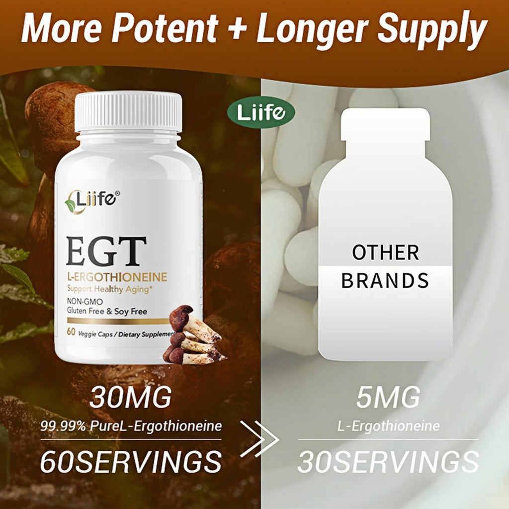 LIIFE L-Ergothioneine Supplement (EGT) 30mg,Compound Antioxidant Supplement (May Support Longevity and Healthy Aging) Promotes Skin Health，60 Capsules，Non-GMO, Gluten Free, Vegan Safe - TrustMedUSA