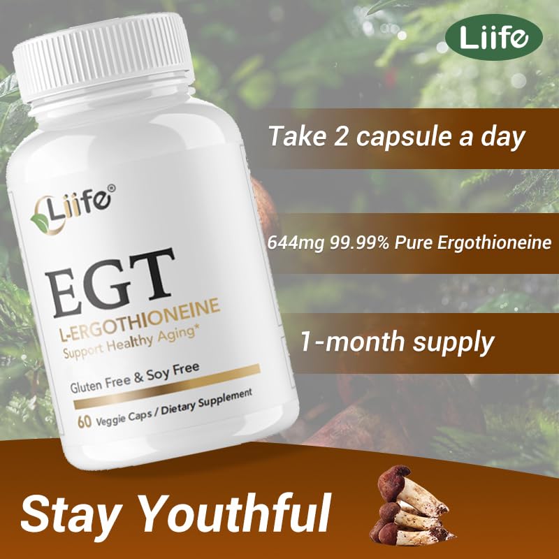 LIIFE L-Ergothioneine Supplement (EGT) 30mg,Compound Antioxidant Supplement (May Support Longevity and Healthy Aging) Promotes Skin Health，60 Capsules，Non-GMO, Gluten Free, Vegan Safe - TrustMedUSA