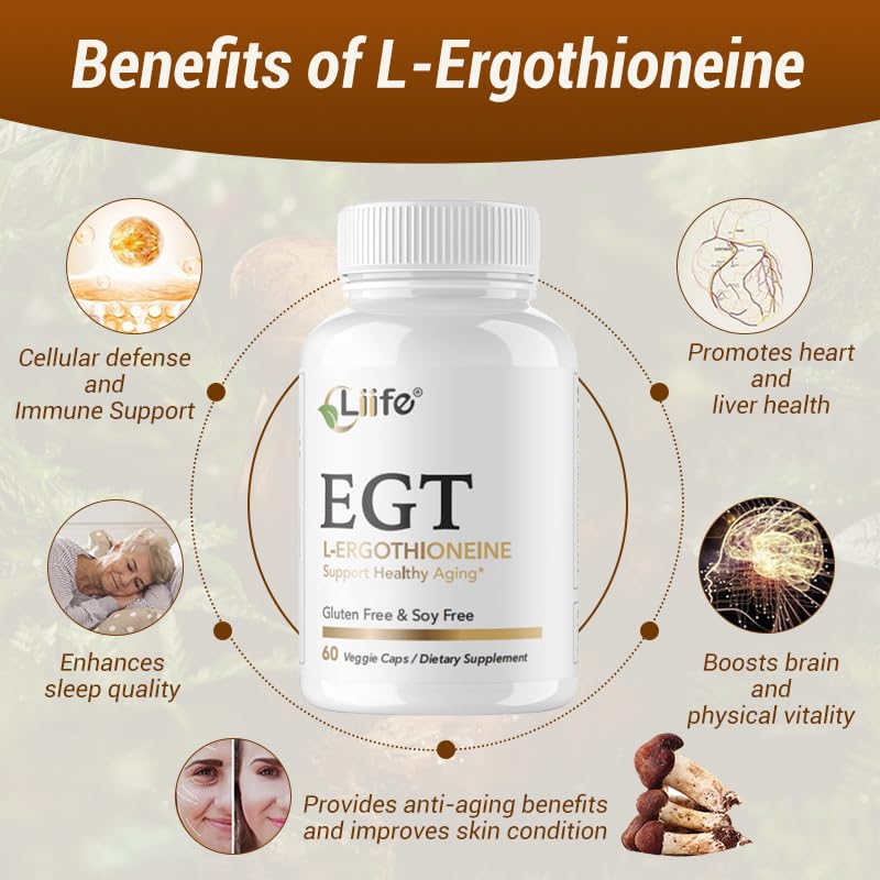 LIIFE L-Ergothioneine Supplement (EGT) 30mg,Compound Antioxidant Supplement (May Support Longevity and Healthy Aging) Promotes Skin Health，60 Capsules，Non-GMO, Gluten Free, Vegan Safe - TrustMedUSA