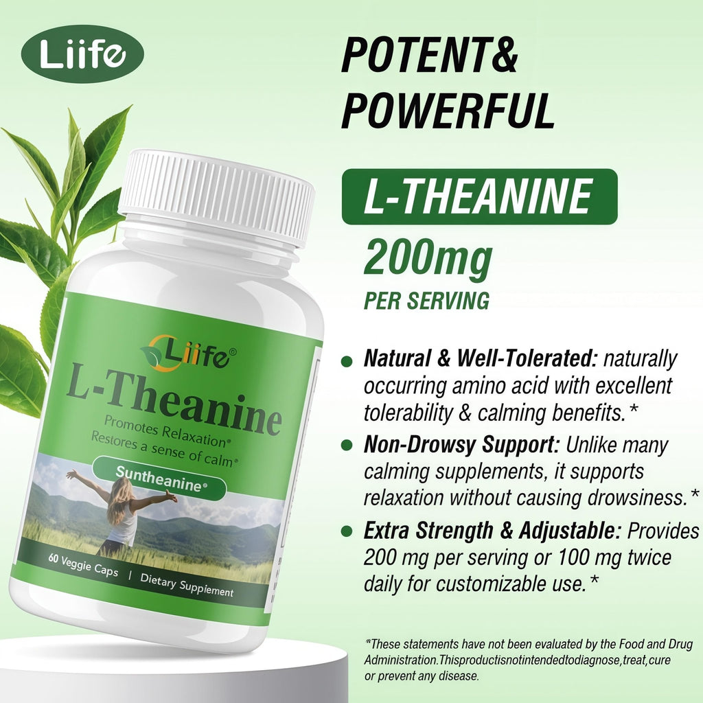LIIFE L-Theanine (Suntheanine®) with GABA– 60 Veggie Capsules Support with Magnesium & Black Pepper for a Healthy Stress Response, Relaxation, and Focus Increases Brain Alpha-Wave Production* - TrustMedUSA