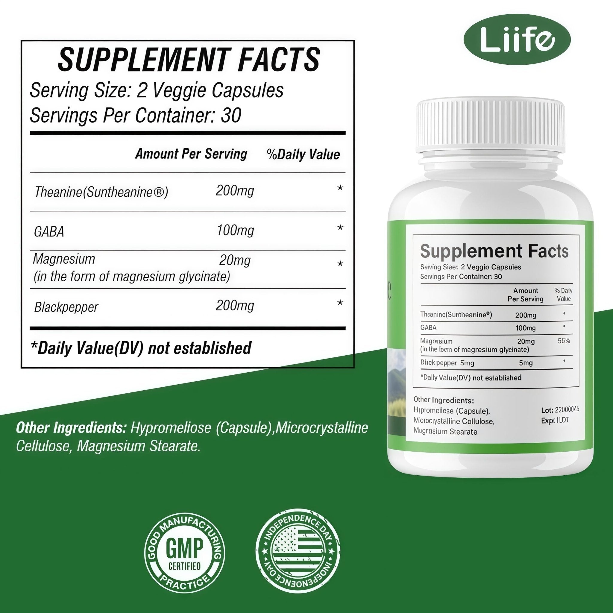 LIIFE L-Theanine (Suntheanine®) with GABA– 60 Veggie Capsules Support with Magnesium & Black Pepper for a Healthy Stress Response, Relaxation, and Focus Increases Brain Alpha-Wave Production* - TrustMedUSA