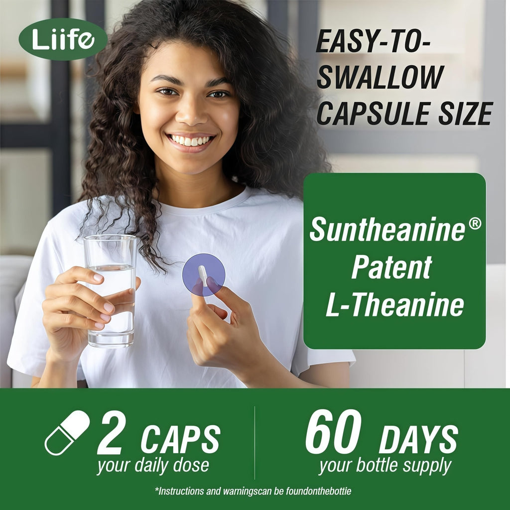 LIIFE L-Theanine (Suntheanine®) with GABA– 60 Veggie Capsules Support with Magnesium & Black Pepper for a Healthy Stress Response, Relaxation, and Focus Increases Brain Alpha-Wave Production* - TrustMedUSA