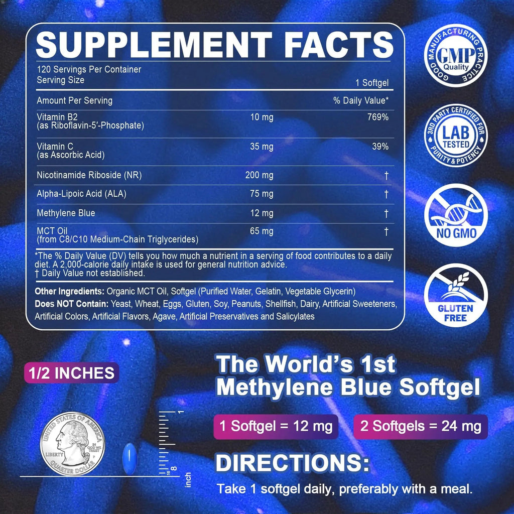 LILICARE Advanced 12mg Methylene Blue Softgels for Humans | Upgraded Brain & Cellular Energy Supplement with CoQ10, NR & ALA | High Absorption Formula, Non-GMO, Mitochondrial & ATP Support, 120 Cts - TrustMedUSA