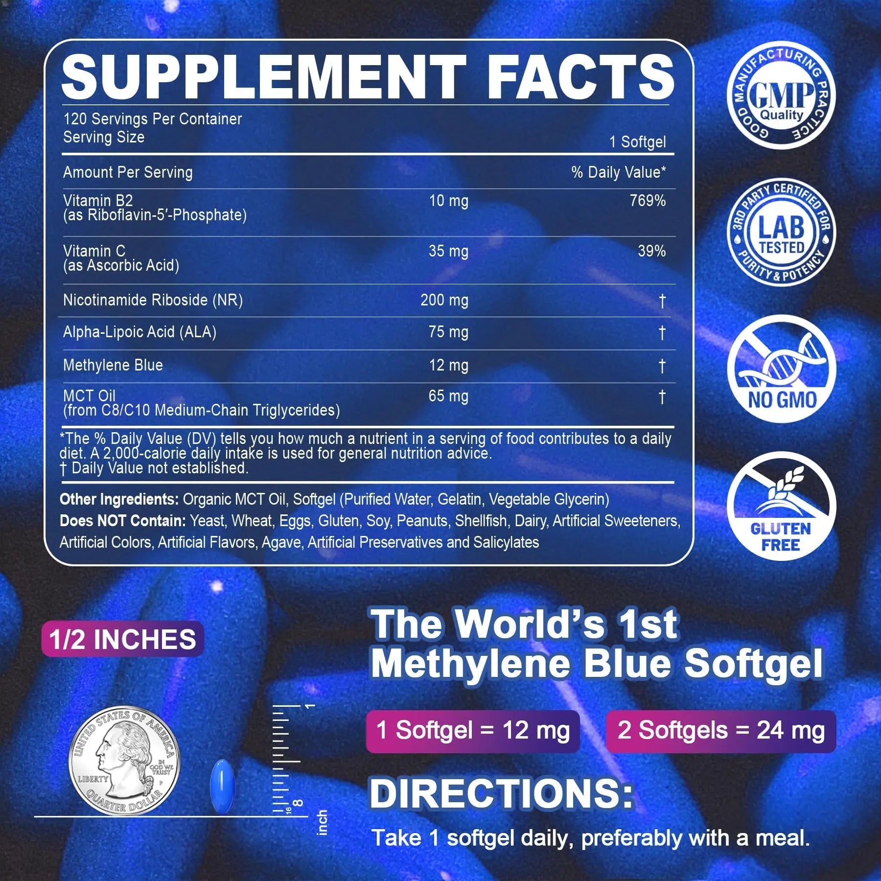 LILICARE Advanced 12mg Methylene Blue Softgels for Humans | Upgraded Brain & Cellular Energy Supplement with CoQ10, NR & ALA | High Absorption Formula, Non-GMO, Mitochondrial & ATP Support, 120 Cts - TrustMedUSA