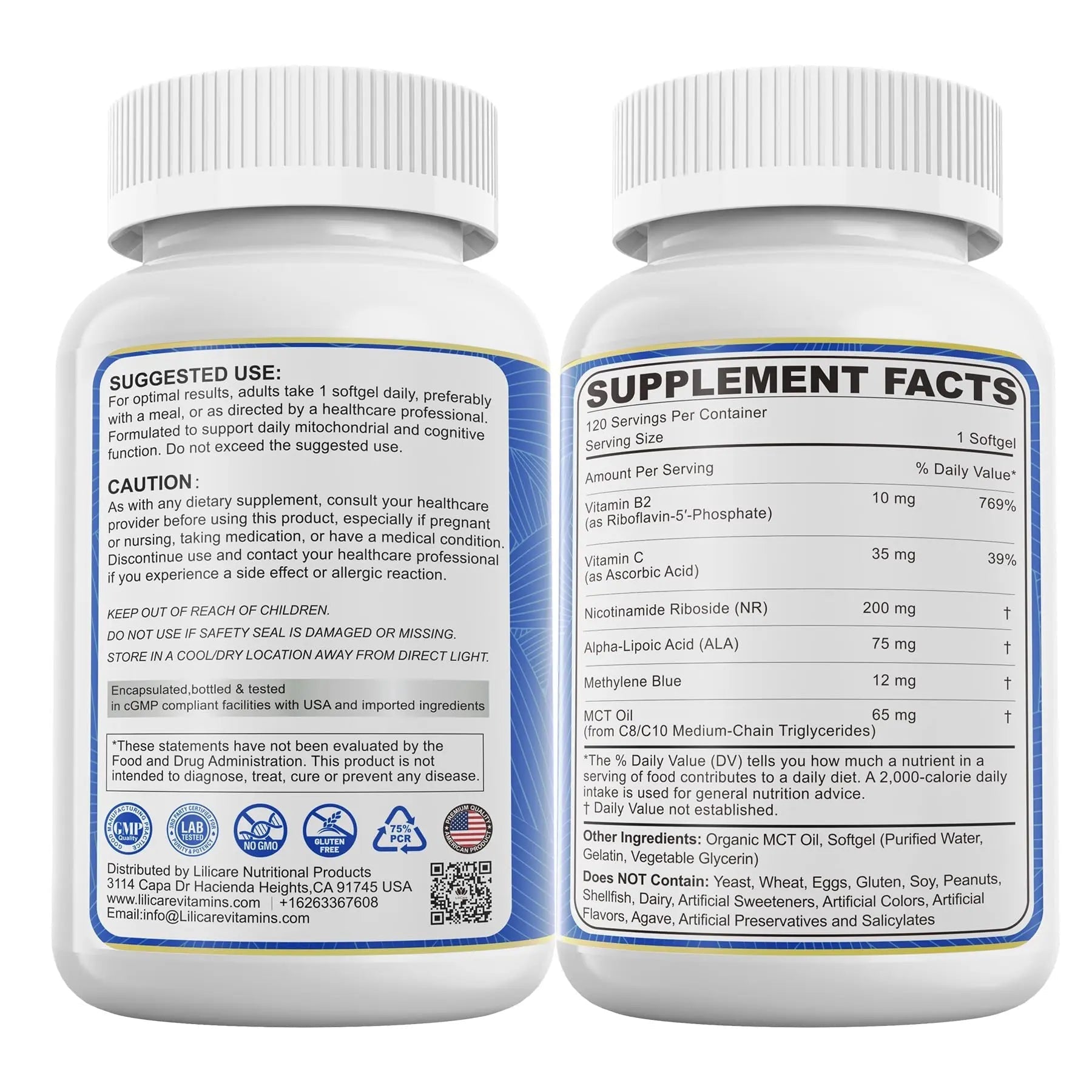 LILICARE Advanced 12mg Methylene Blue Softgels for Humans | Upgraded Brain & Cellular Energy Supplement with CoQ10, NR & ALA | High Absorption Formula, Non-GMO, Mitochondrial & ATP Support, 120 Cts - TrustMedUSA