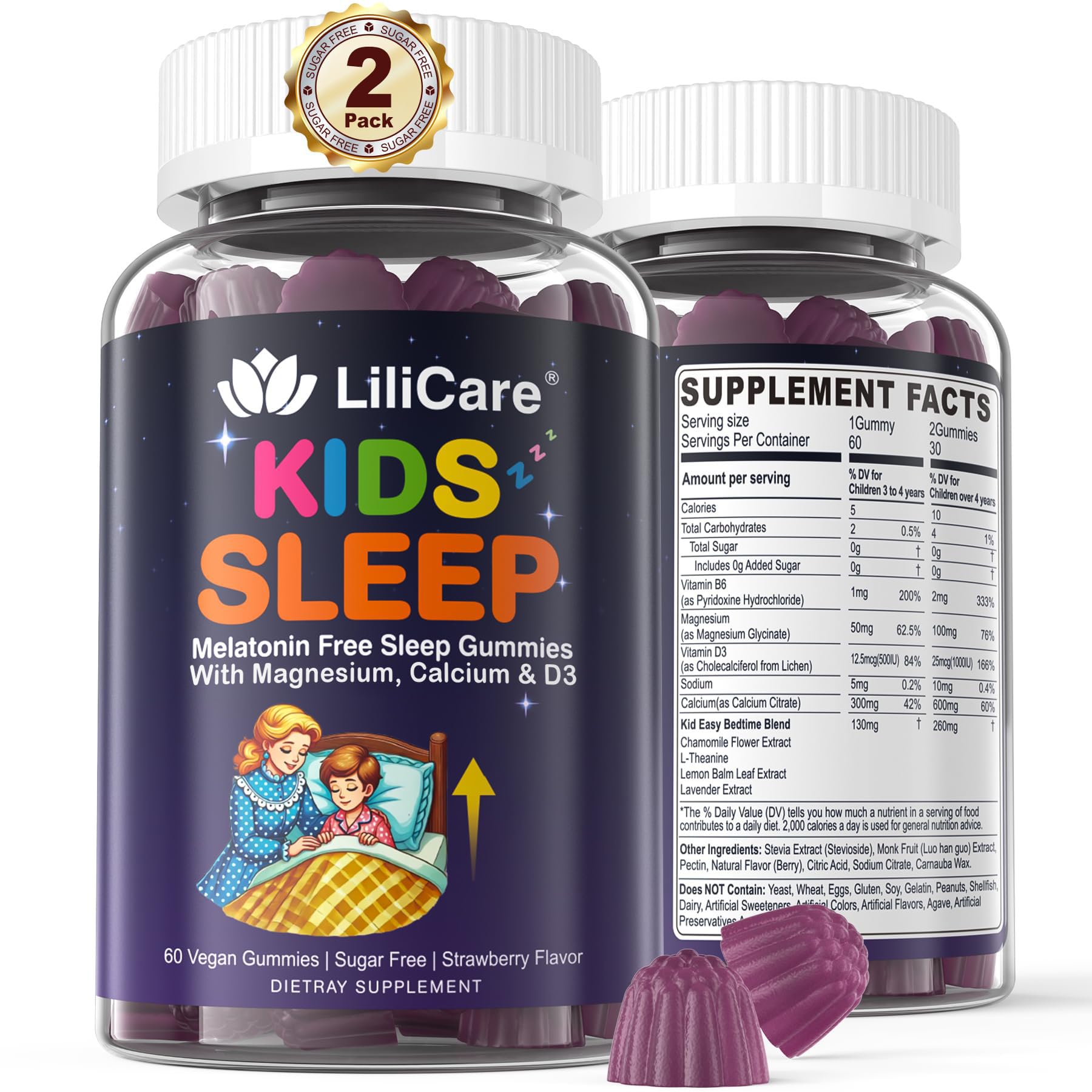 LILICARE Kids Sleep Gummies - Magnesium Glycinate Gummies, Melatonin Free Sleep Aid | Magnesium, Calcium, D3, B6, L Theanine | Kid Melatonin Alternative for Restful Sleep (Pack of 2) - TrustMedUSA