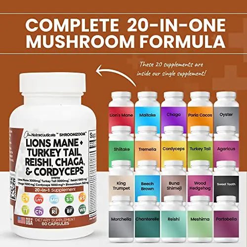 Lions Mane 3000mg 20in1 Mushroom Supplement with Turkey Tail 2000mg - TrustMedUSA