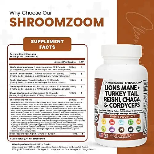 Lions Mane 3000mg 20in1 Mushroom Supplement with Turkey Tail 2000mg - TrustMedUSA