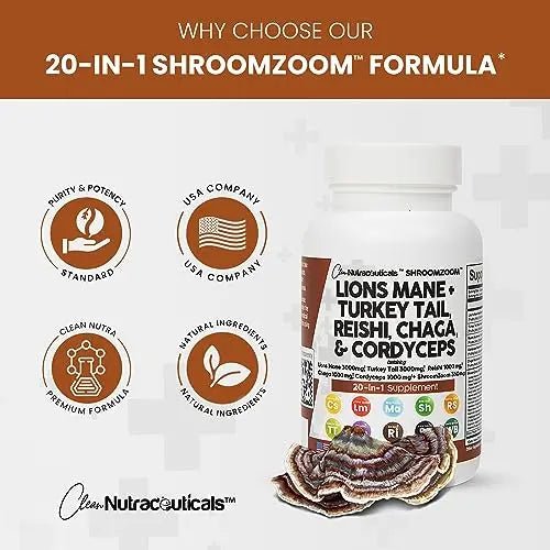 Lions Mane 3000mg 20in1 Mushroom Supplement with Turkey Tail 2000mg - TrustMedUSA