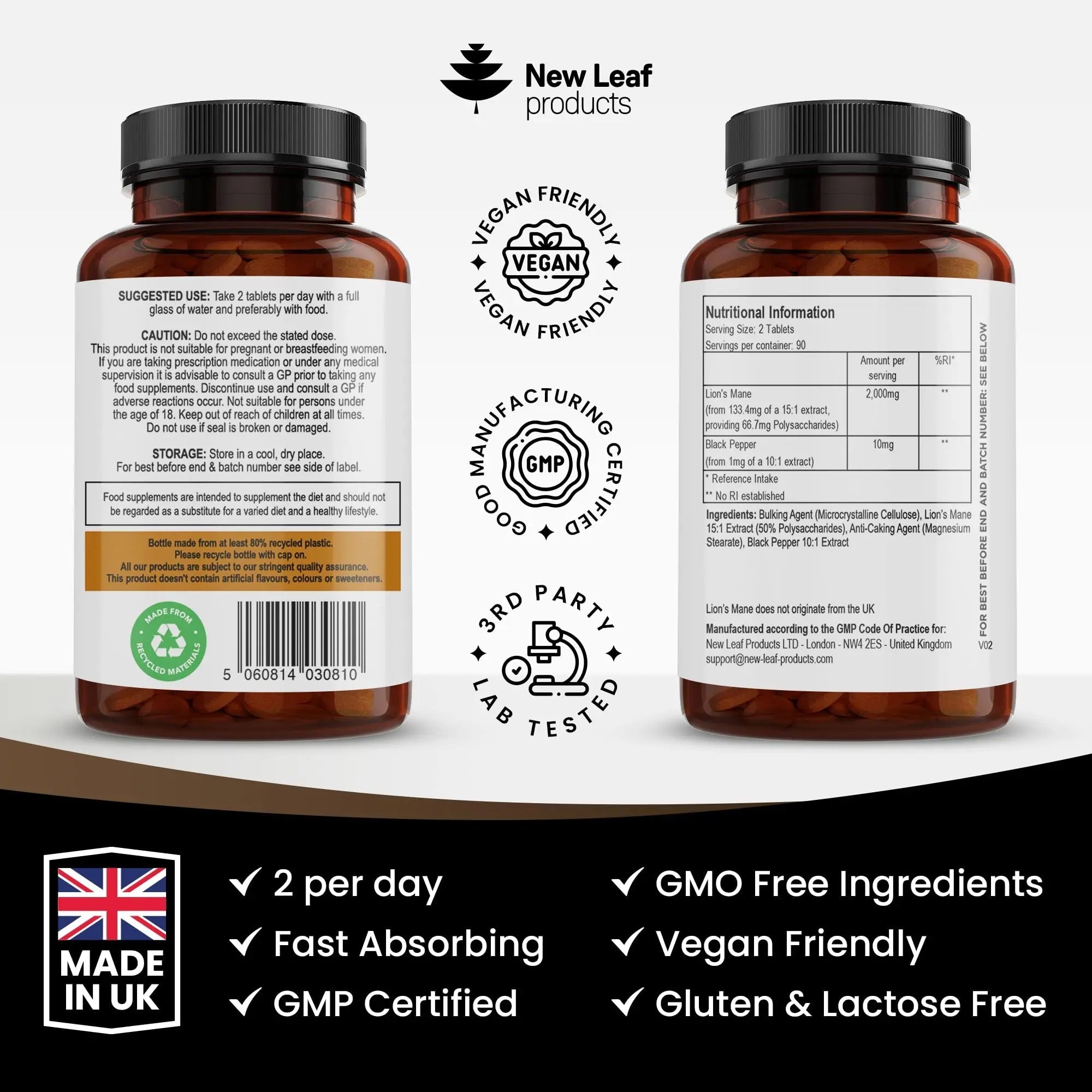 Lions Mane Mushroom Extract Supplement 2000mg - 180 High Strength Vegan Tablets - TrustMedUSA