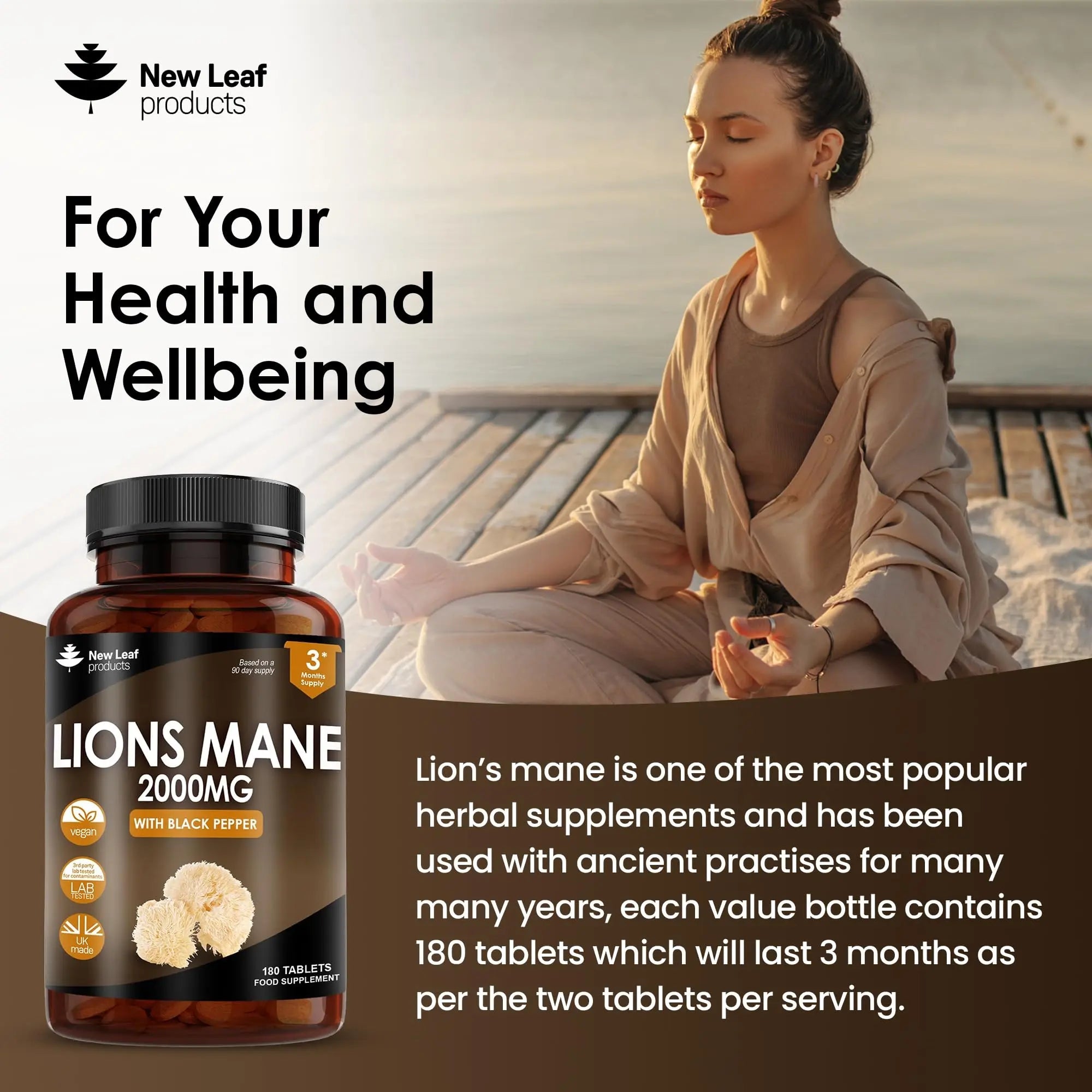 Lions Mane Mushroom Extract Supplement 2000mg - 180 High Strength Vegan Tablets - TrustMedUSA