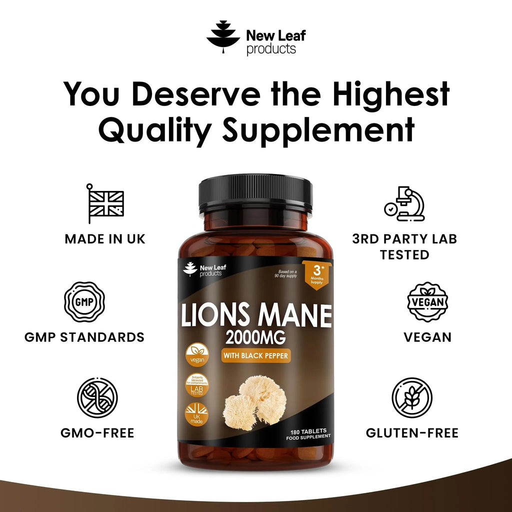 Lions Mane Mushroom Extract Supplement 2000mg - 180 High Strength Vegan Tablets - TrustMedUSA