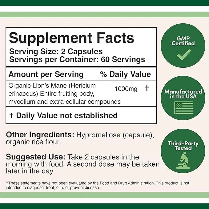 Lions Mane Supplement Mushroom Capsules (Two Month Supply - 120 Count) for Brain - TrustMedUSA