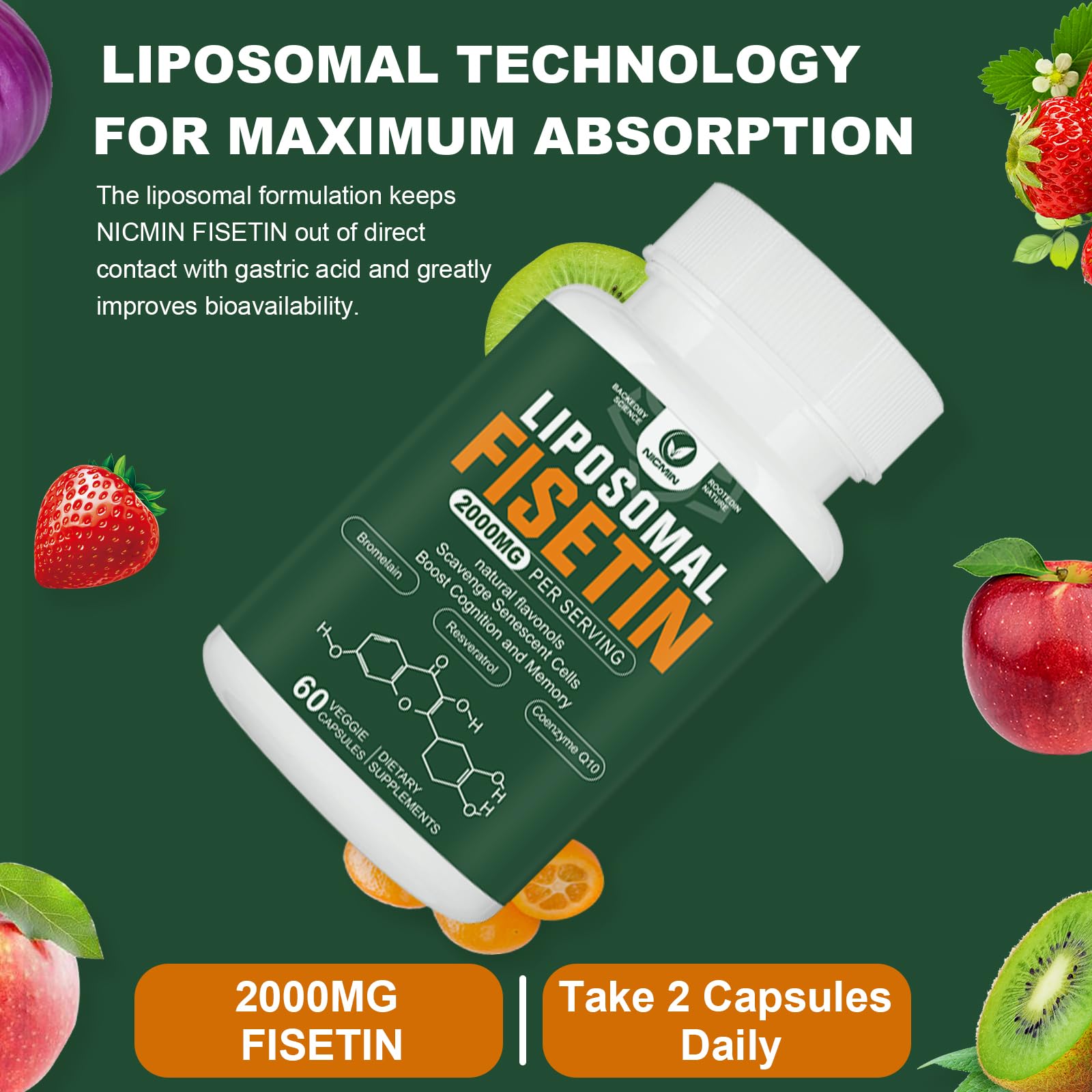 Liposomal Fisetin Supplement, 2000MG, 98% Pure Fisetin Polyphenols Antioxidants, with Quercetin, TMG and Resveratrol, for Healthy Aging, Cognitive Support, 120 Capsules - TrustMedUSA