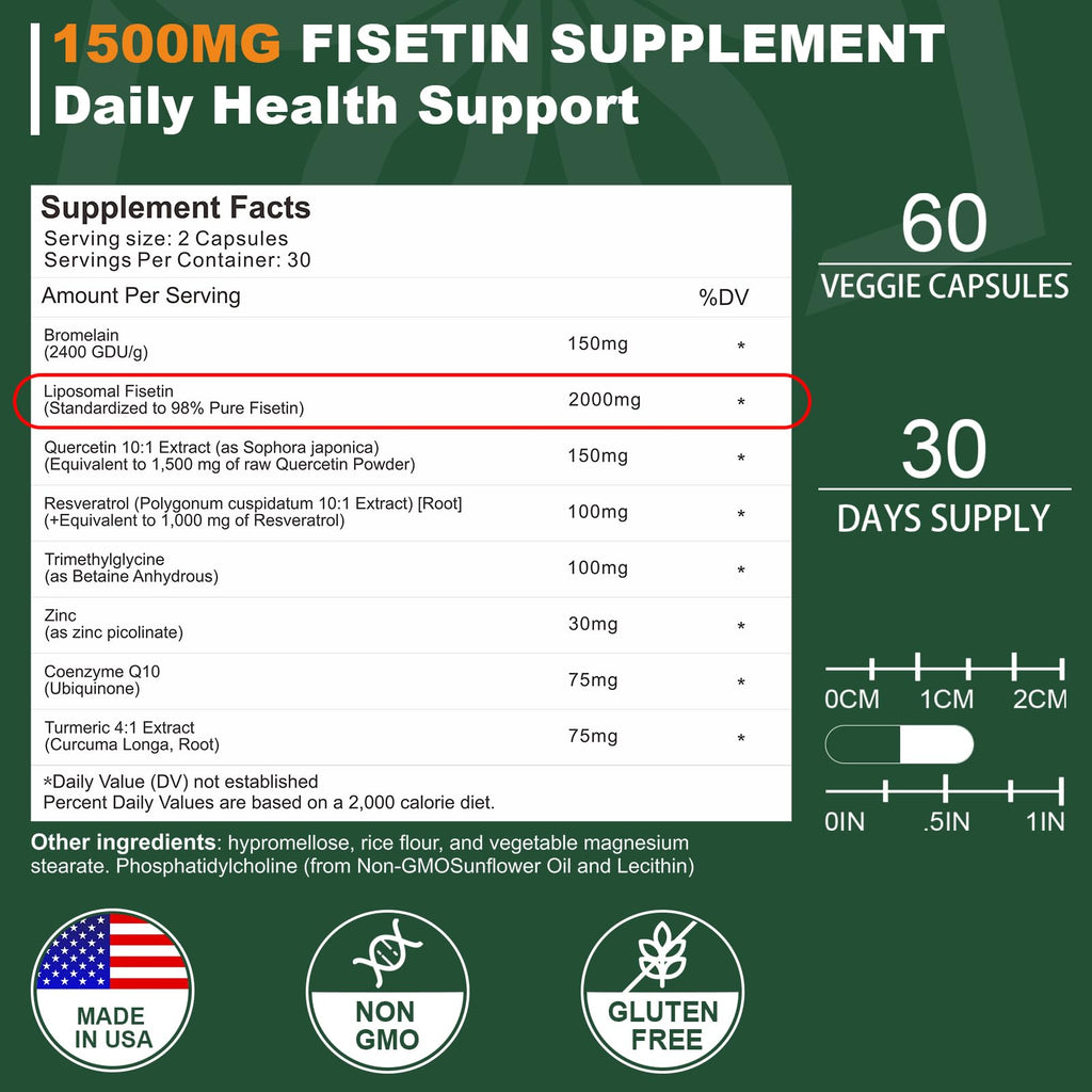 Liposomal Fisetin Supplement, 2000MG, 98% Pure Fisetin Polyphenols Antioxidants, with Quercetin, TMG and Resveratrol, for Healthy Aging, Cognitive Support, 120 Capsules - TrustMedUSA