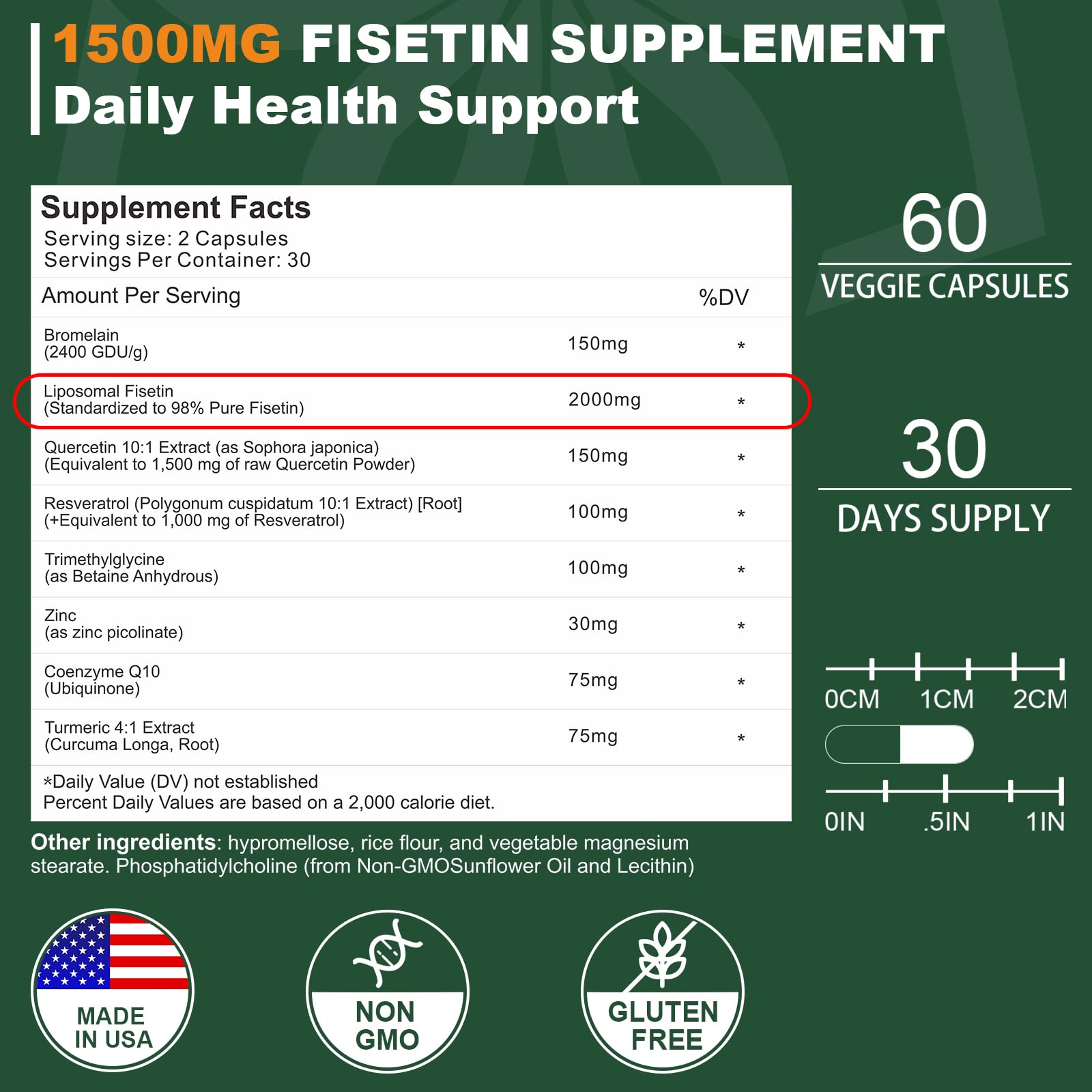 Liposomal Fisetin Supplement, 2000MG, 98% Pure Fisetin Polyphenols Antioxidants, with Quercetin, TMG and Resveratrol, for Healthy Aging, Cognitive Support, 120 Capsules - TrustMedUSA