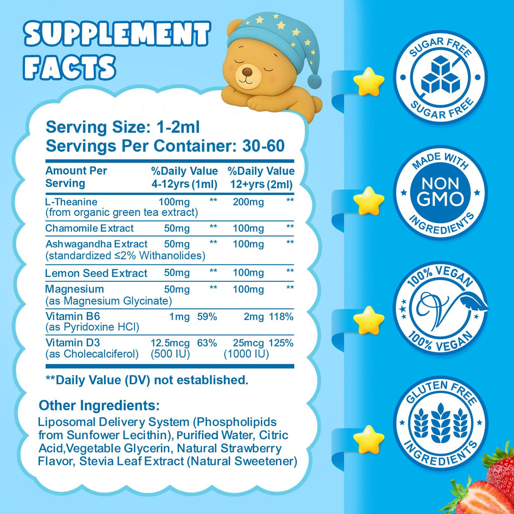 Liposomal L-Theanine Drops for Kids & Adults – Liquid L-Theanine Supplement with Magnesium Glycinate, Ashwagandha, Chamomile, Vitamin B6 & D3 – Supports Calm, Focus & Restful Sleep – Strawberry Flavor - TrustMedUSA