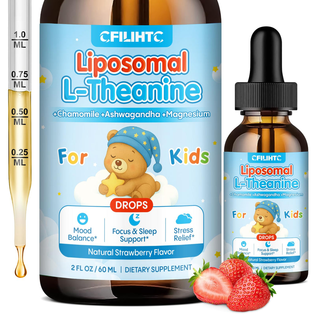 Liposomal L-Theanine Drops for Kids & Adults – Liquid L-Theanine Supplement with Magnesium Glycinate, Ashwagandha, Chamomile, Vitamin B6 & D3 – Supports Calm, Focus & Restful Sleep – Strawberry Flavor - TrustMedUSA