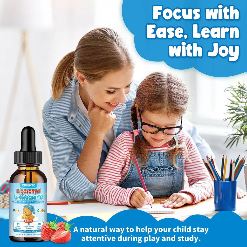 Liposomal L-Theanine Drops for Kids & Adults – Liquid L-Theanine Supplement with Magnesium Glycinate, Ashwagandha, Chamomile, Vitamin B6 & D3 – Supports Calm, Focus & Restful Sleep – Strawberry Flavor - TrustMedUSA