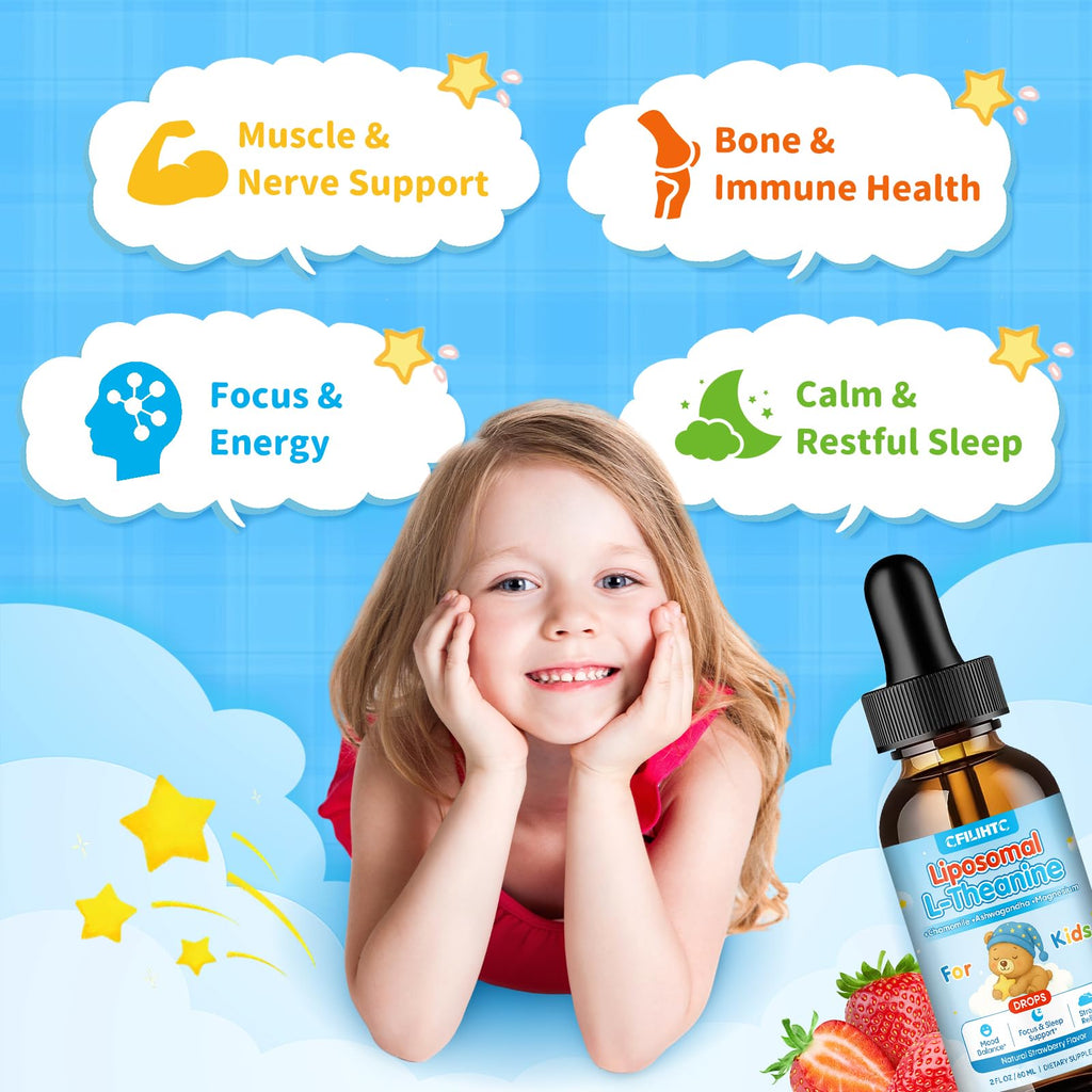 Liposomal L-Theanine Drops for Kids & Adults – Liquid L-Theanine Supplement with Magnesium Glycinate, Ashwagandha, Chamomile, Vitamin B6 & D3 – Supports Calm, Focus & Restful Sleep – Strawberry Flavor - TrustMedUSA
