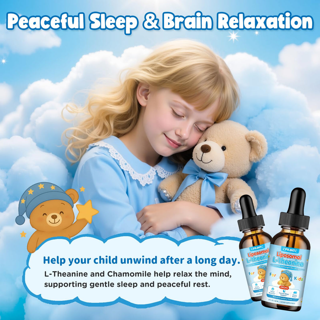 Liposomal L-Theanine Drops for Kids & Adults – Liquid L-Theanine Supplement with Magnesium Glycinate, Ashwagandha, Chamomile, Vitamin B6 & D3 – Supports Calm, Focus & Restful Sleep – Strawberry Flavor - TrustMedUSA
