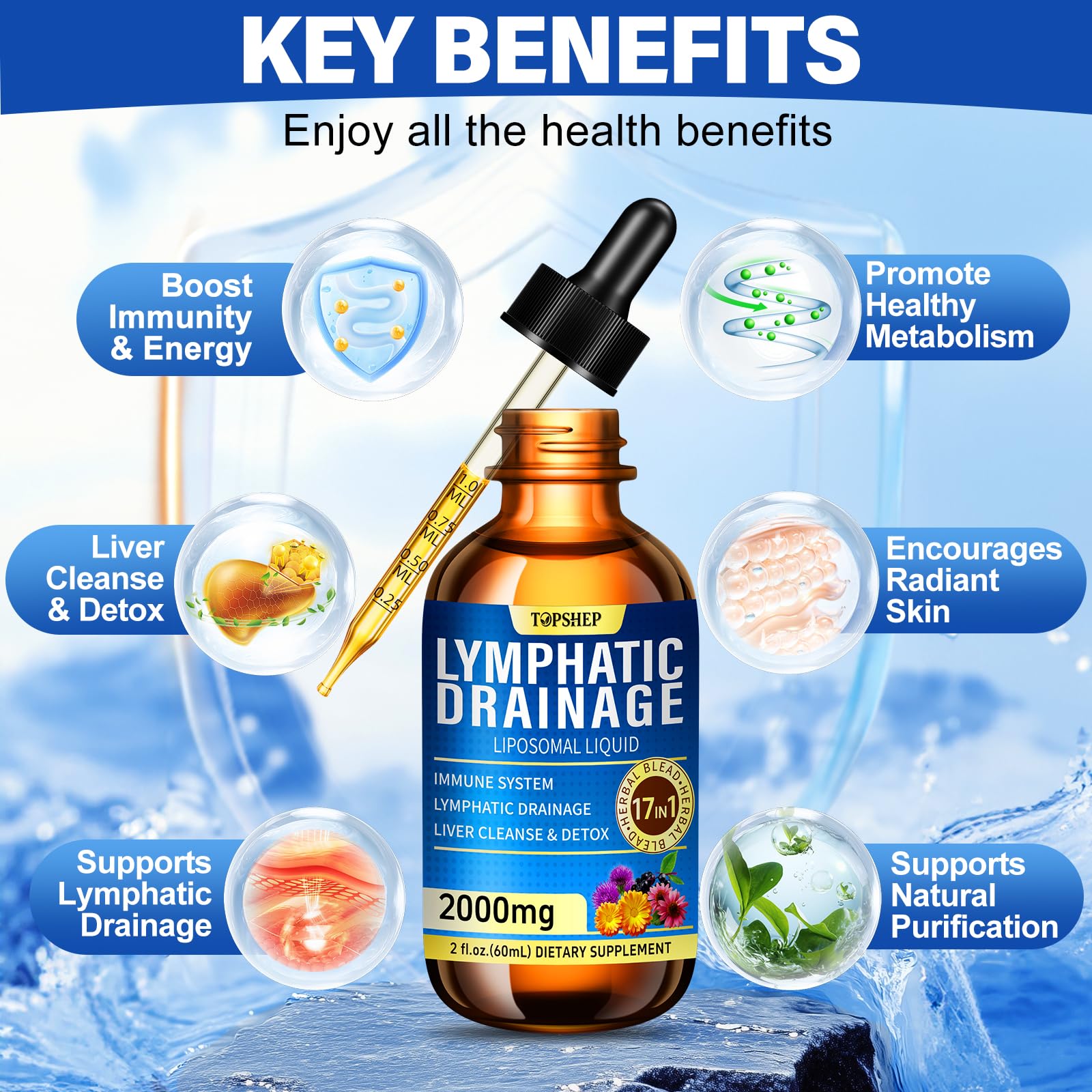 Liposomal Lymphatic Drainage Drops 2000mg - 17-in-1 Lymphatic Support & Liver Cleanse Detox with Milk Thistle, Dandelion, Elderberry, Echinacea & Full Vitamin Complex - Lymph System Support, 2 fl oz - Maple Wellness Supplements