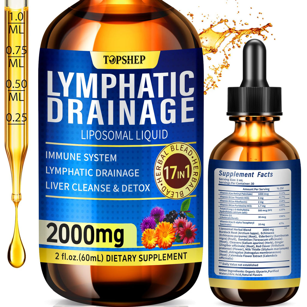 Liposomal Lymphatic Drainage Drops 2000mg - 17-in-1 Lymphatic Support & Liver Cleanse Detox with Milk Thistle, Dandelion, Elderberry, Echinacea & Full Vitamin Complex - Lymph System Support, 2 fl oz - Maple Wellness Supplements