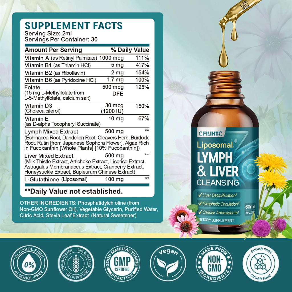 Liposomal Lymphatic Drainage Drops - 21 in 1 Liver Cleanse Detox & Repair with Milk Thistle, Echinacea, Burdock Root, Liposomal Glutathione, Vitamin Complex ''Lymph-Liver'' Gut & Metabolic Health - Maple Wellness Supplements