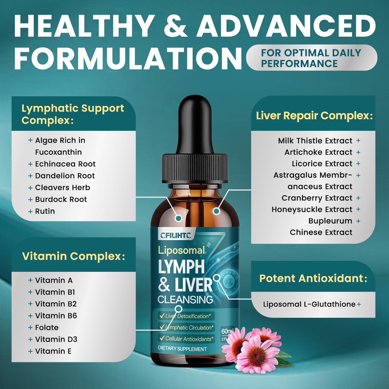 Liposomal Lymphatic Drainage Drops - 21 in 1 Liver Cleanse Detox & Repair with Milk Thistle, Echinacea, Burdock Root, Liposomal Glutathione, Vitamin Complex ''Lymph-Liver'' Gut & Metabolic Health - Maple Wellness Supplements