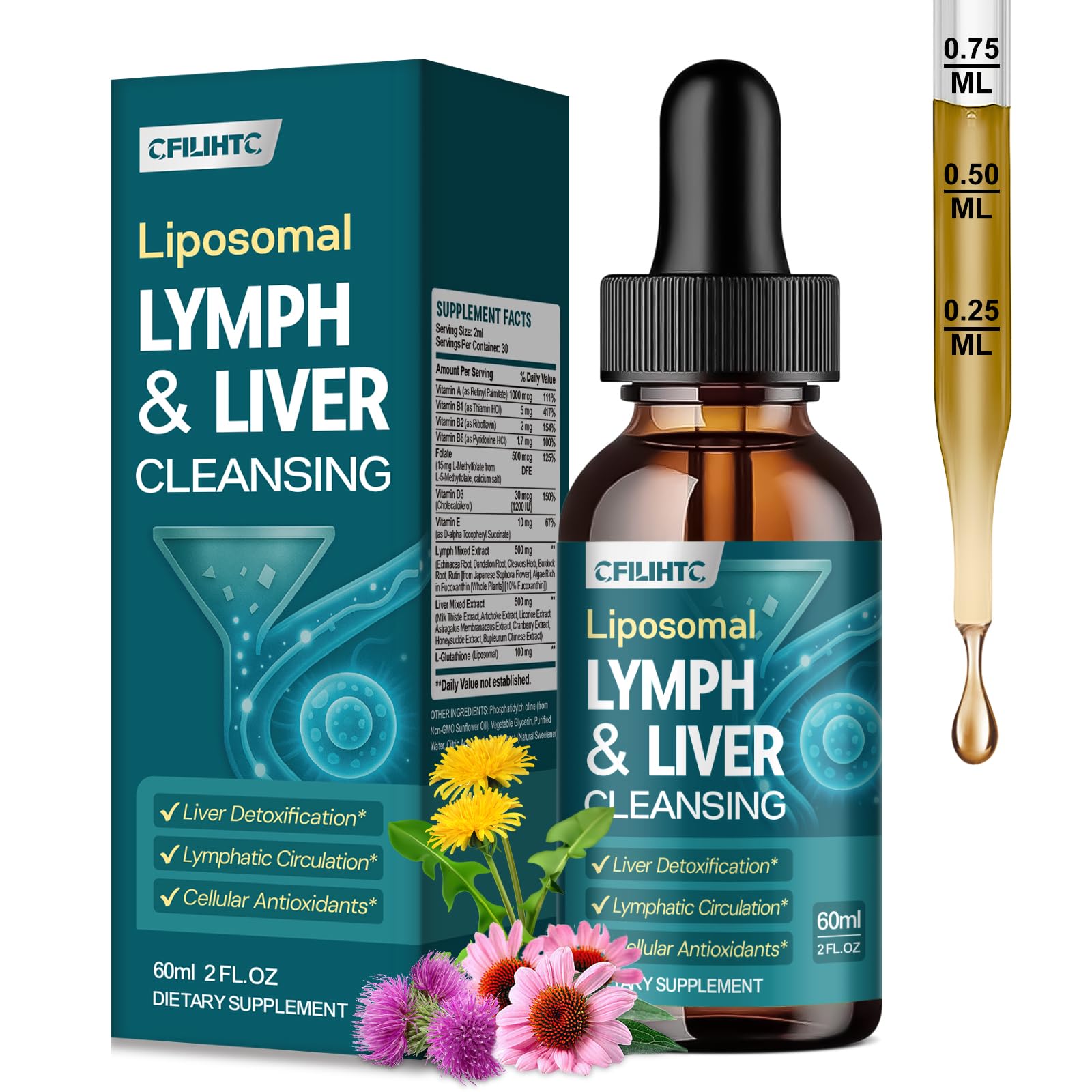 Liposomal Lymphatic Drainage Drops - 21 in 1 Liver Cleanse Detox & Repair with Milk Thistle, Echinacea, Burdock Root, Liposomal Glutathione, Vitamin Complex ''Lymph-Liver'' Gut & Metabolic Health - Maple Wellness Supplements