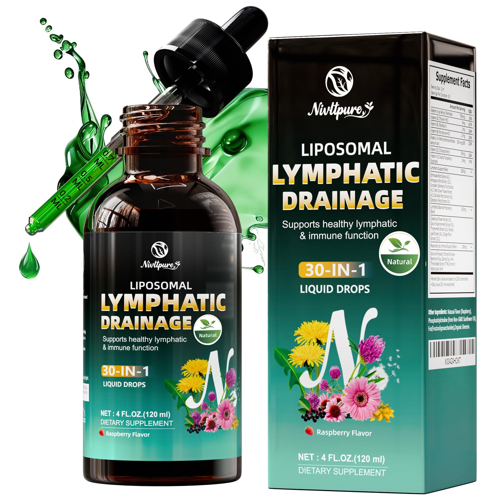 Liposomal Lymphatic Drainage Drops, 4 fl oz – 30-in-1 Lymphatic Drainage Supplements with 23 Herbs & 7 Vitamins – Supports Lymphatic System, Immune & Liver Health – Detox Support – 60-Day Supply - Maple Wellness Supplements
