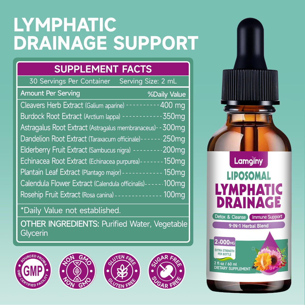 Liposomal Lymphatic Drainage Drops, 9-In-1 Lymphatic Drainage Supplements for Detox & Cleanse, with Echinacea, Dandelion, Elderberry, Burdock Root & Cleavers, Immune & Lymph System Support, 2 FL OZ - Maple Wellness Supplements